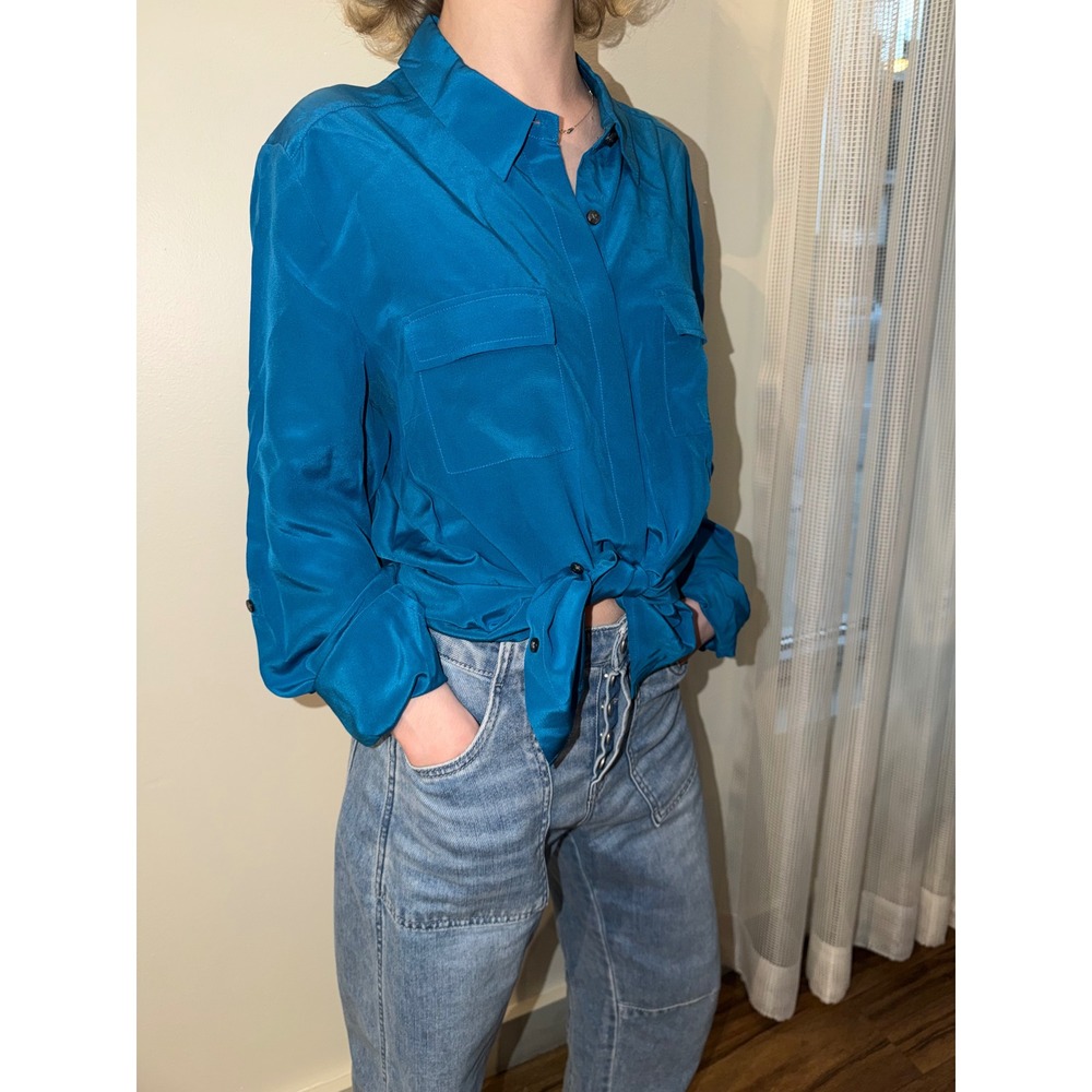 Anne Taylor 100% Silk Blouse Teal Blue Double Pocket Button Down Shirt - Picture 10 of 12